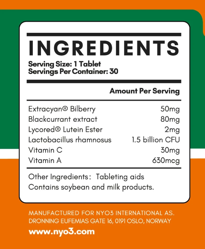 NYO3 Nature's Joy Bilberry Extract for Eye Health Tablets Ingredient Facts