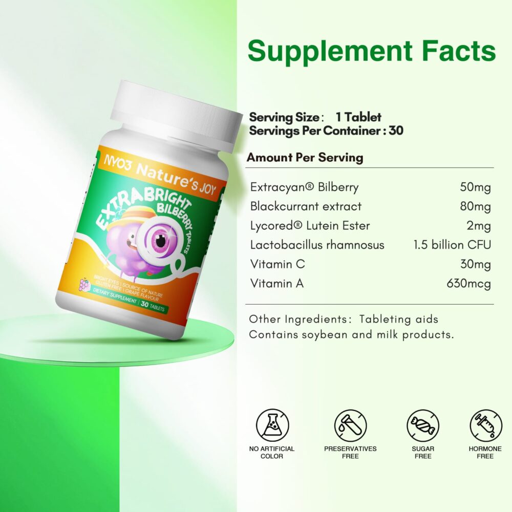 NYO3 Natures Joy Bilberry Extract for Eye Health Tablets Supplement Facts NYO3 Natures Joy Bilberry Extract for Eye Health Tablets Supplement Facts